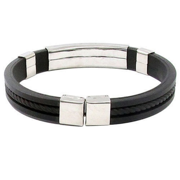 Men's Stainless Steel Black Vegan Leather Bracelet - Picture 2 of 6